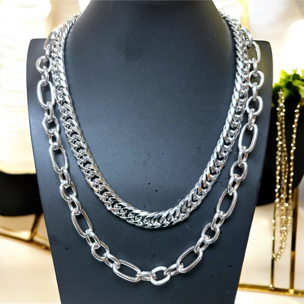 Stainless steel two piece Cuban chain-link necklace set.